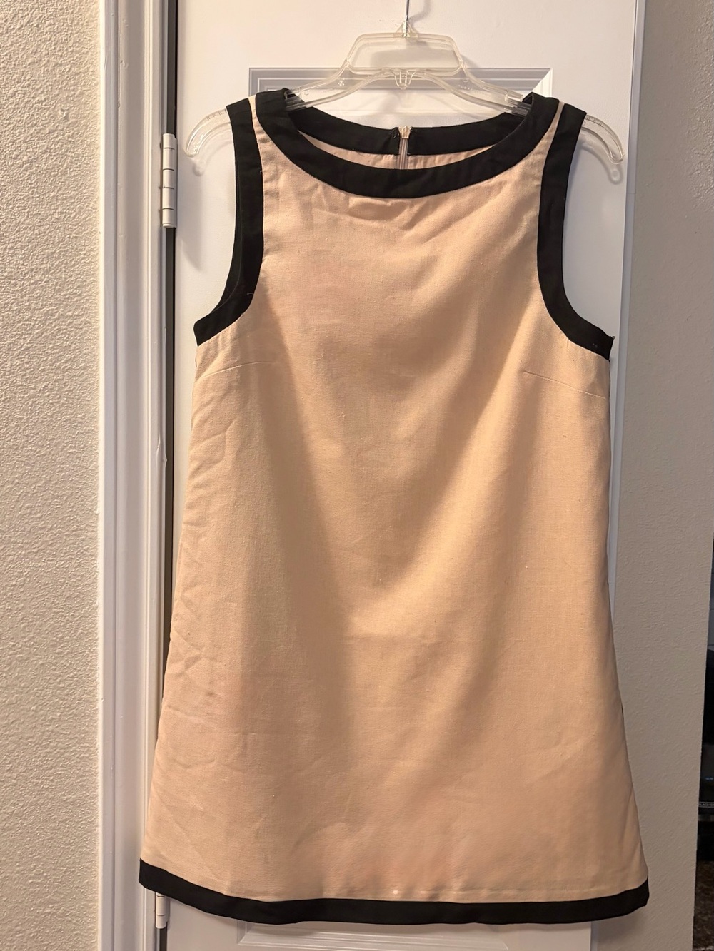 Sleeveless Linen Cream Mini Dress with Black Trim